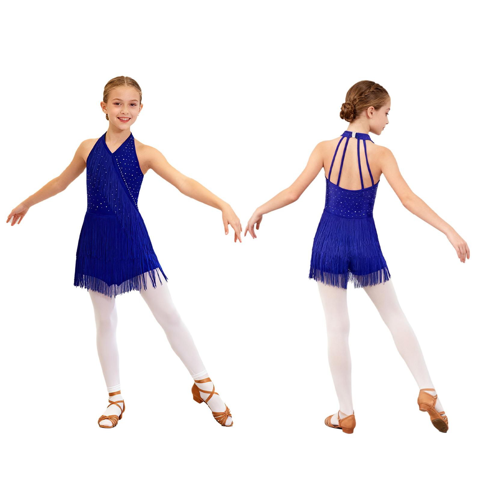 

Дівчата латиноамериканські танцювальні сукні без рукавів блискучі бахромою сукні діти китицями спідниця купальник вечірній одяг для танців 7-8 Years синій