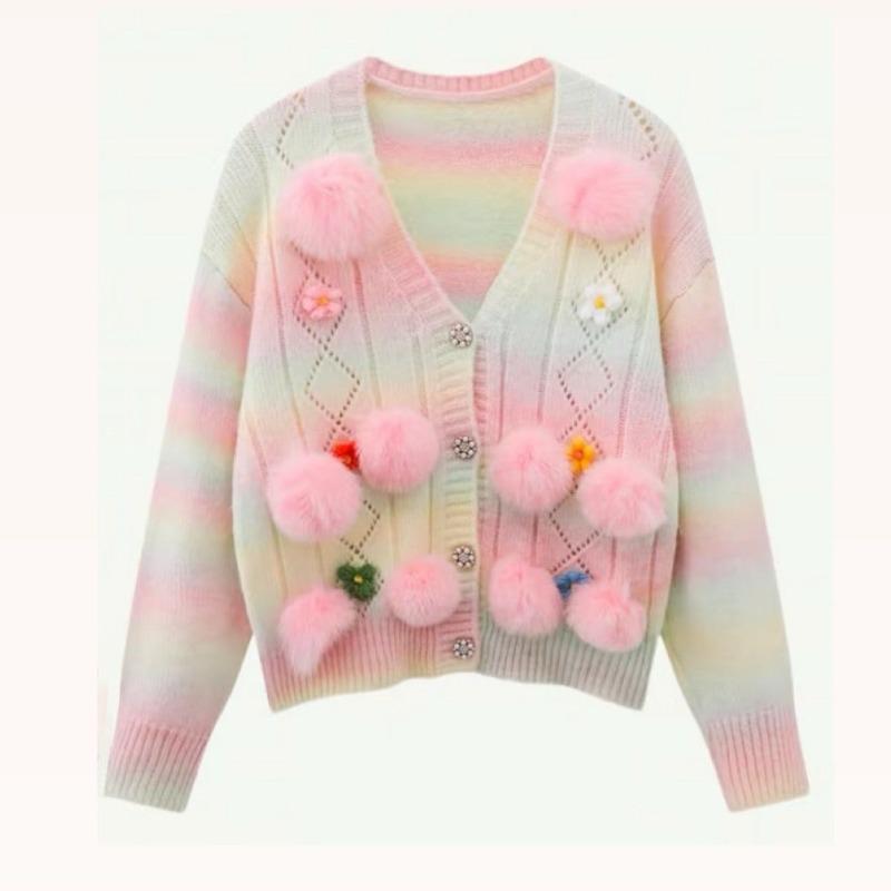 

Hairball Colored Women s Cardigan V-neck Sweet Gradient Knitted Sweater Autumn Casual Woman Loose Korean Style Trendy Top onesize розовый