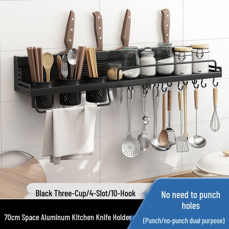 Punch-Free Aluminum Kitchen Wall Organizer: Multifunctional Rack for Utensils, Knives, Seasonings, and Chopsticks