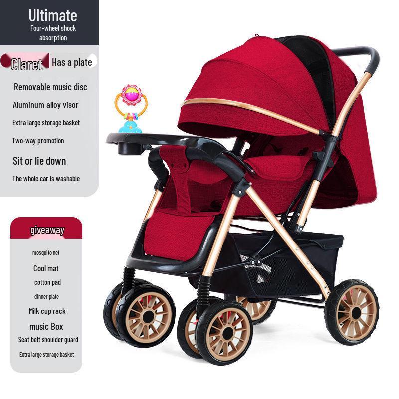 Reversible Foldable Baby Stroller with Shock-Absorbing Wheels and Large Sleep Basket