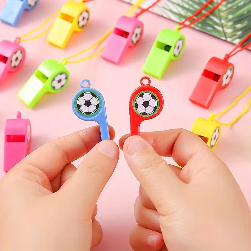 24pcs Mini Plastic Whistles with Ropes Kids Soccer Football Birthday Party Favors Goodies Bag Pinata Filler Toys Christmas Gifts
