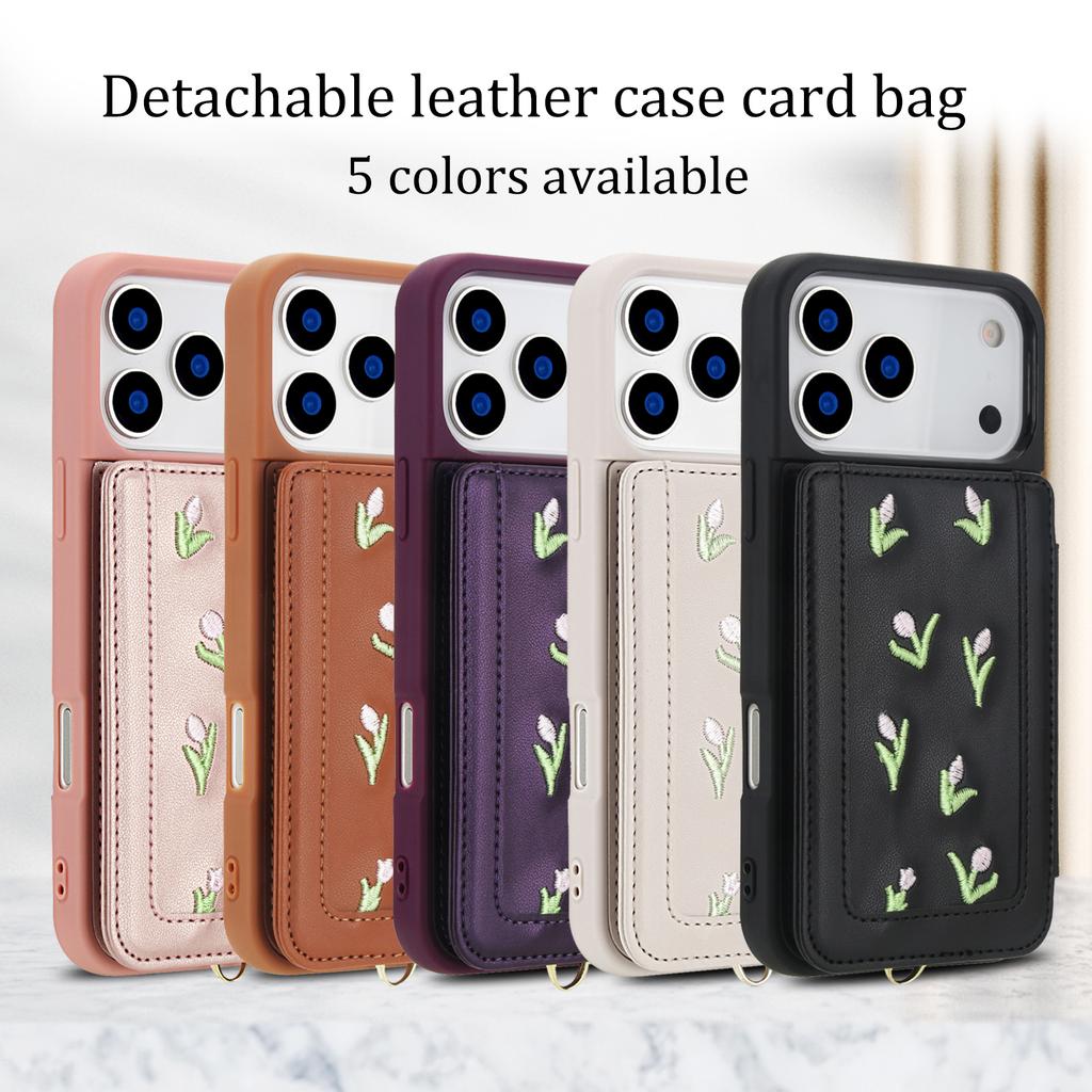 Crossbody Zipper Cards Solt Wallet Embroidery Leather Case for iPhone 17 Pro Max 16 Plus 15 14 13 12 Book Stand Skin Feel Cover