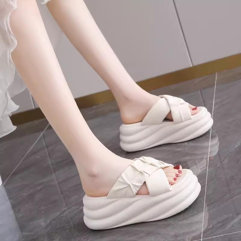 fashion 7CM Heels Chunky Slippers for Women Open Toe High Platform Leather Sandals Woman 2024 New Summer Thick Bottom Beach Flip Flops