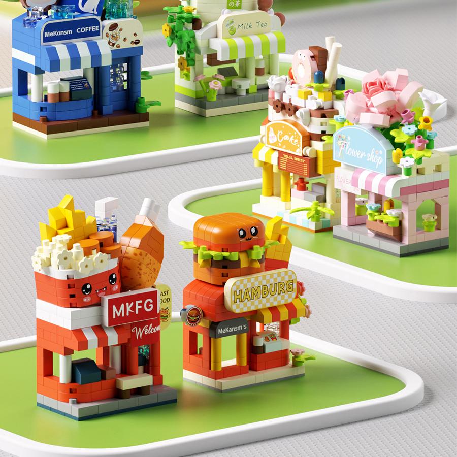 Mini Restaurant Dessert Coffee Flowers Store Street View Building Blocks Models Micro Blocks Kids Toys Gifts Items