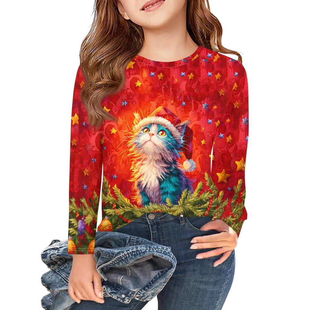 Christmas Day Girls Long Sleeve T Shirts Kids Fall Tops Crewneck Printed Basic Tees