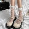 Women Lolita Organza Ruffle Ankle Socks, Summer Sheer Glass Silk Crisscross Strap Mesh Socks, Japanese Sweet Cosplay Short Socks