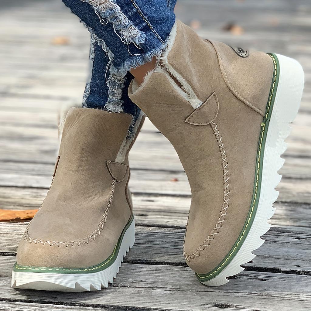 Women's Plush Lined Snow Boots, Round Toe Slip On Flat Short Boots, Winter Warm Outdoor Ankle Boots