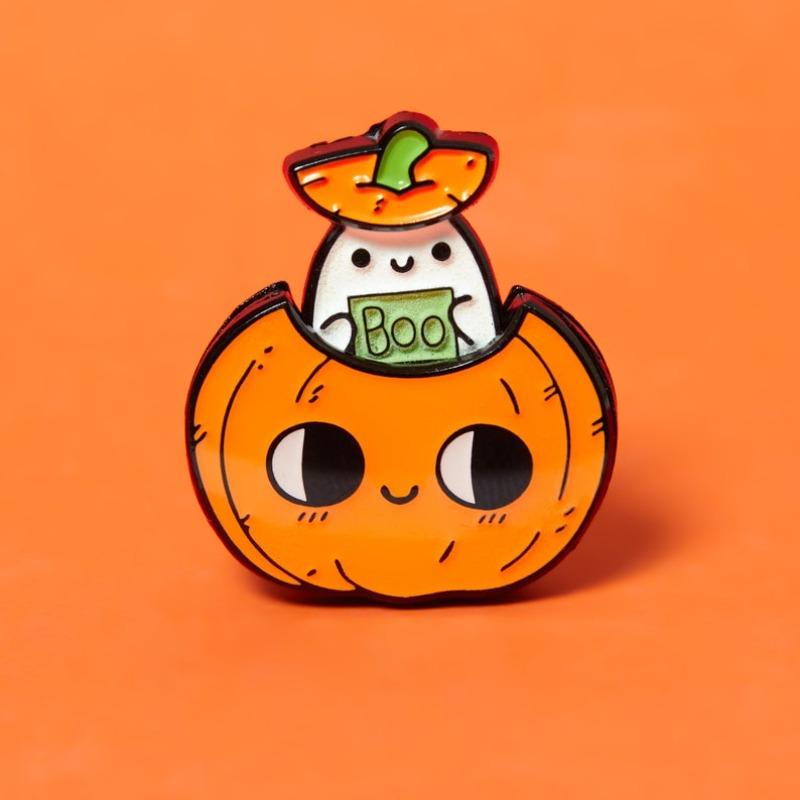 

Тыква и привидение - эмалированная булавка светится в темноте милая брошь