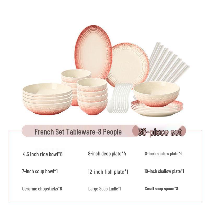 

Набір керамічного посуду градієнтного рожевого кольору: Тиснені миски, тарілки та столові прибори