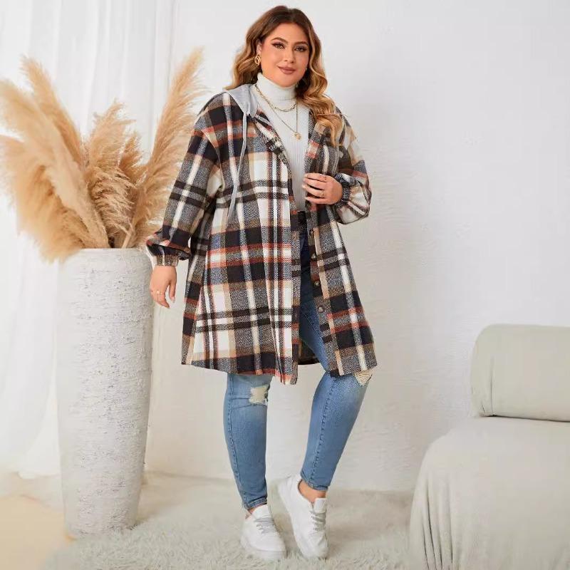 European and American Autumn and Winter Plus Size Women's Clothing, Fat Mm, Enlarged Checkered Hooded, Medium To Long Jacket for Women