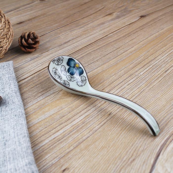 Soup Spoons Japanese Ceramic Kitchen Tableware Long-Handled Spoon Creative Retro Flower Print  Household Tableware Set Spoon