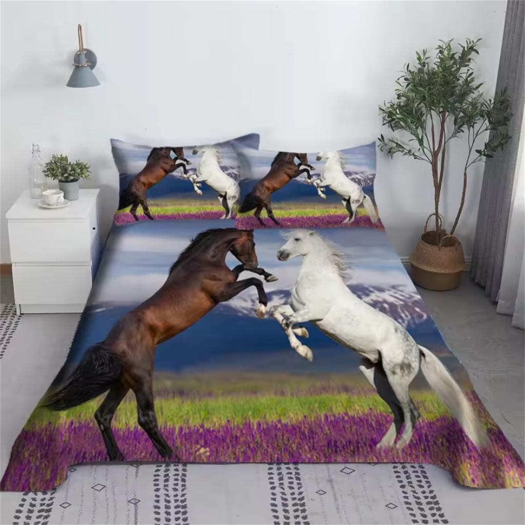 Ensemble de draps Tigre ou Cheval Impression numérique Polyester Drap plat de lit avec taie d'oreiller Literie imprimée