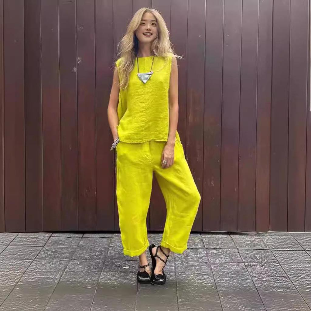 2024 Spring/Summer Cotton Linen Casual Two-Piece Set: Sleeveless Top & Loose Long Pants for Women