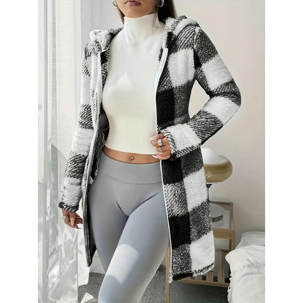 New Cross-border Autumn Winter Women's Long Sleeve Plaid Hooded Fleece Cardigan Top Coat, European American Style Casual Outerwear