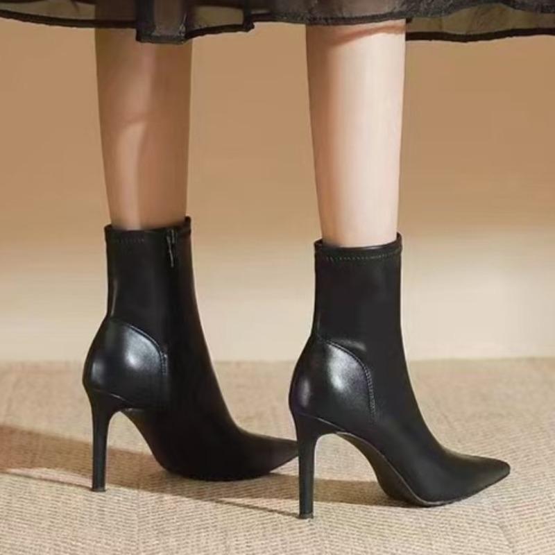 Side Zip Slim Heel Single Boots Women's Fashion Pointed Toe Non-Slip Wear-Resistant Short Cylinder