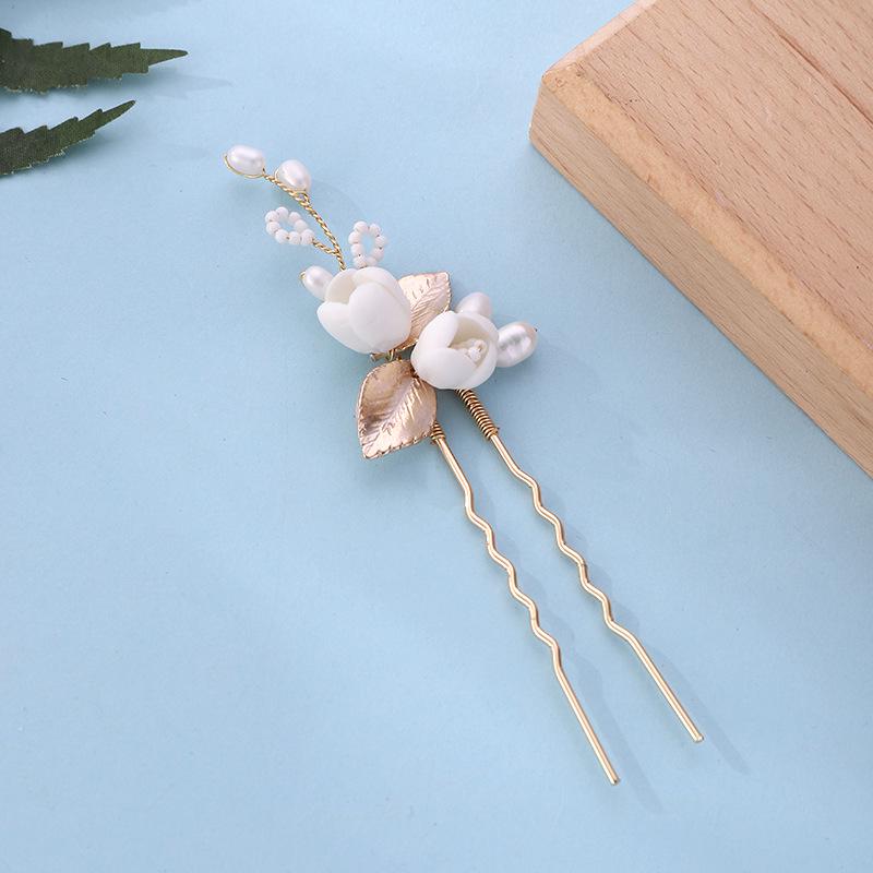Korean Lily Ceramic Flower  Alloy Leaf Hairpin - Bridal Hair Accessory