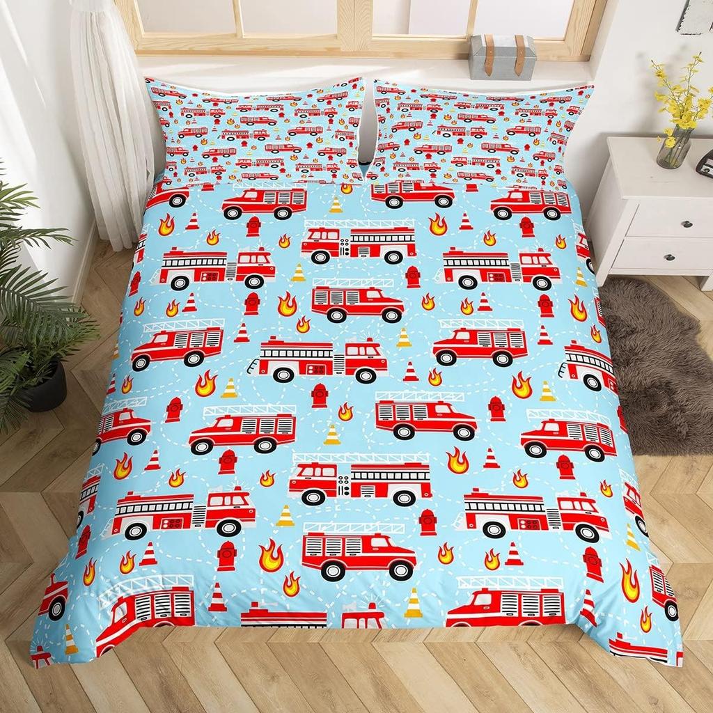 Comforter Fire Truck For Kids Boys Fire Engine Vehicle Extinguisher Fire Hydrant Print Bedding Set Microfiber Twin