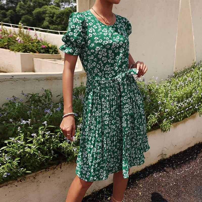 Fashion Flower Printed Dress Summer Belt Lace-Up Green Dress Casual Folds O-neck Pleated Dress Vestidos De Mujer Elegantes 26013