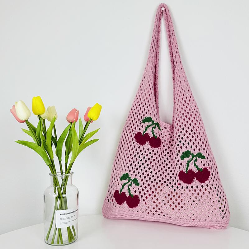 New I-Knitted Bag Knitted Bag Large Capacity Tote Bag Cherry Shoulder Bag