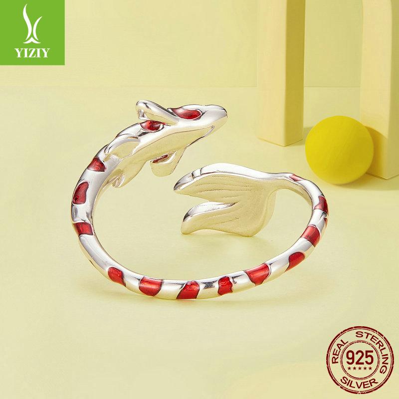 Koi 925 Sterling Silver Open Ring, Chinese Style Red Oil Drop Lucky Ring Jewelry