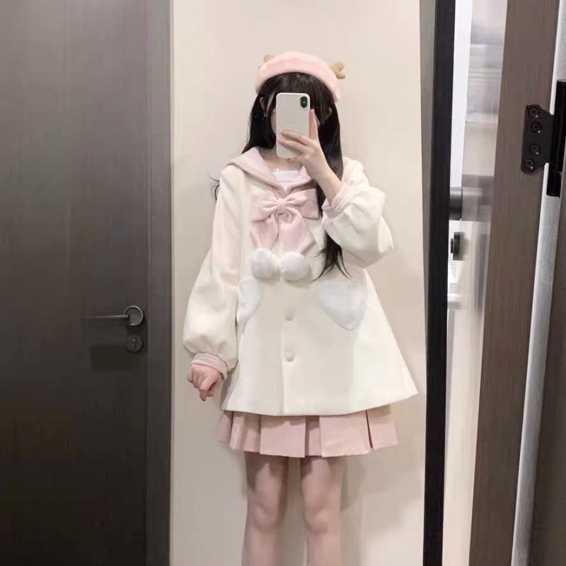 Damenmäntel Kontrastierender Matrosenkragen Schleife Einreihig Herztasche Süßer, altersgerechter, vielseitiger Wollmantel Damenbekleidung