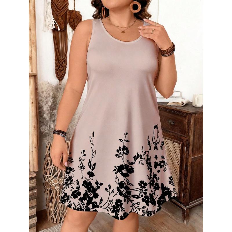 Damen Sommer Übergröße Mittellanges Kleid V-Ausschnitt Ärmellos Floral Bedruckt Strandkleid Partykleid