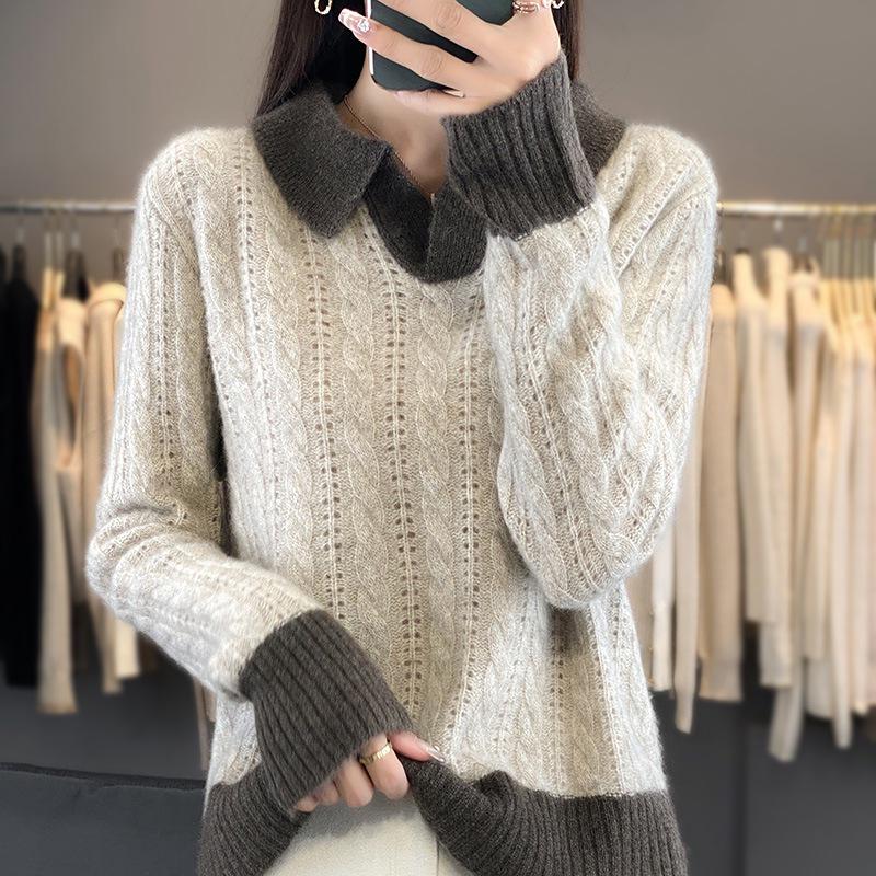 Women's V-Neck Color Block Wool Sweater - Autumn/Winter 2024, Thick Cable Knit, Short Sleeve