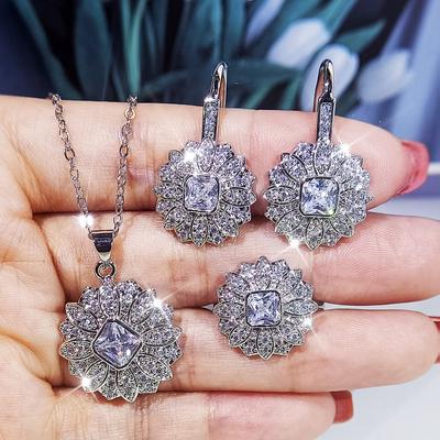 Copper New Popular Snowflake White Zircon Wedding Bridal Necklace High-end Temperament Earrings Ring 3 Pcs Set Jewelry Gift
