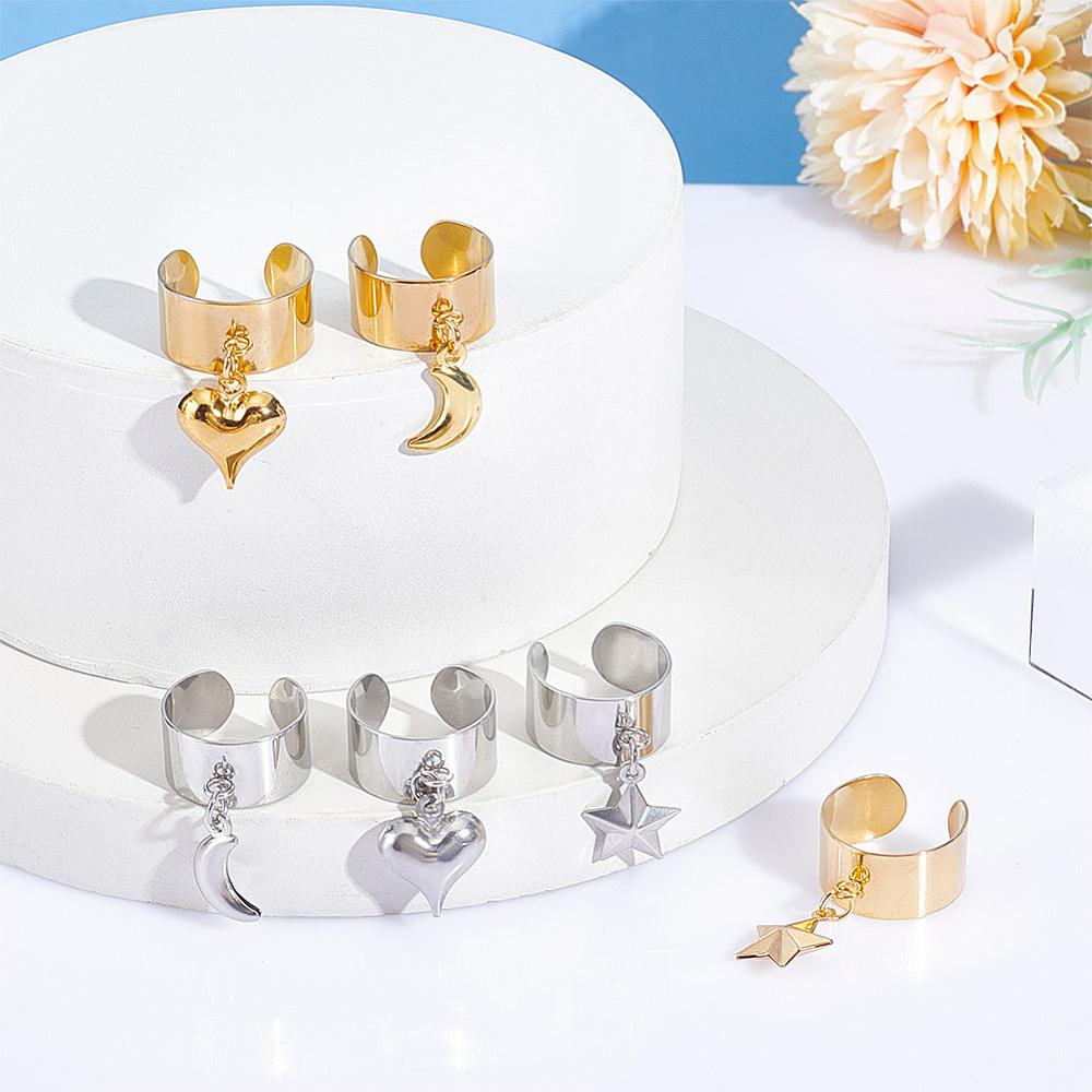 304 Stainless Steel Open Cuff Rings, with Star & Moon & Heart Pendant, Mixed Color, Adjustable, 6pcs/set