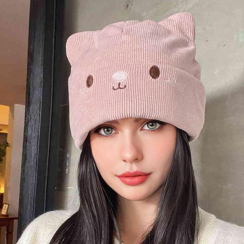Winter Warm Knitted Slouchy Beanie for Women Embroidered Cat Ears Stretchy Cozy Hat Ladies Fashion Essential Winter Knit Cap