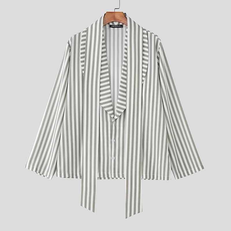 INCERUN Men Lapel Deep V Neck Long Sleeve Striped Print Casual Lace-up Shirts Tops