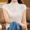 Maglia lavorata a maglia con pizzo, lana pettinata, maniche corte, da donna, estiva, collo mezzo alto, traforata, versatile, snellente, T-shirt a maniche corte, top
