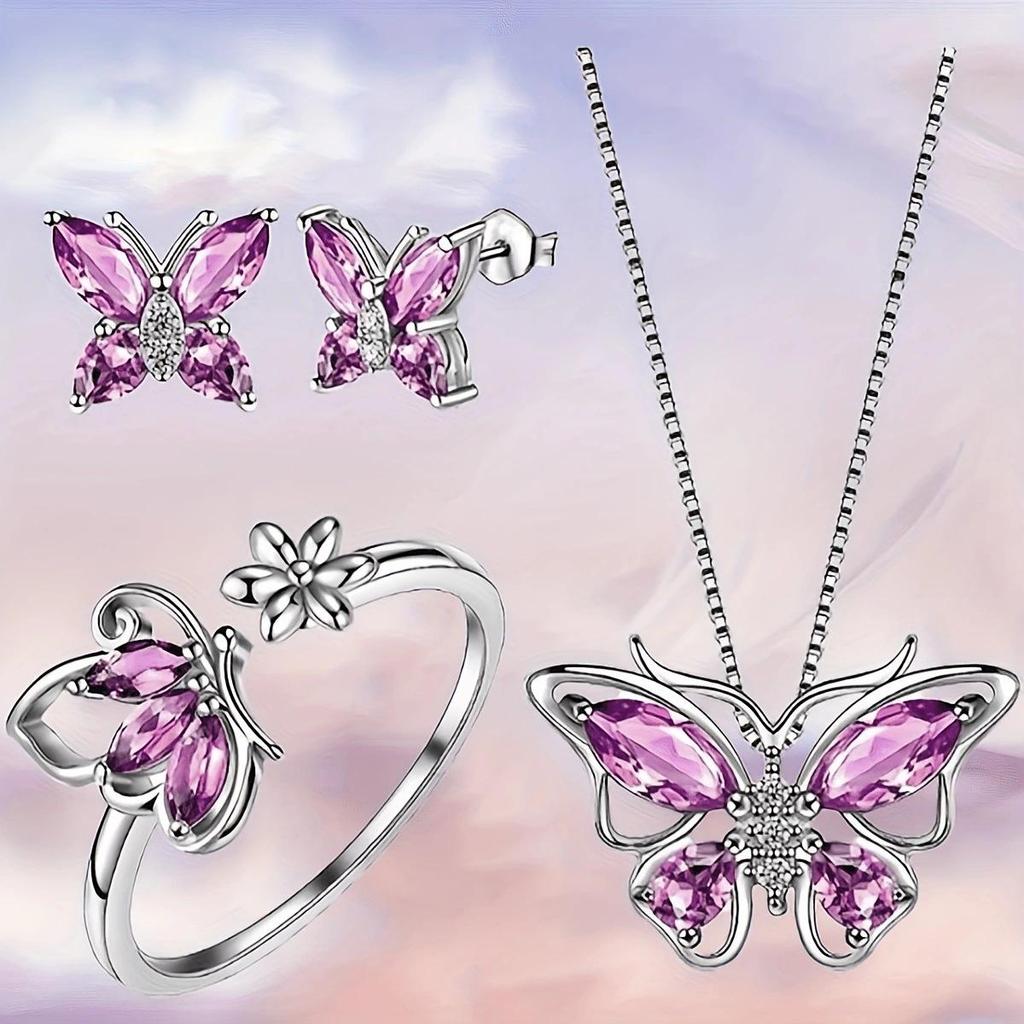 Four-piece set of butterfly stud earrings and rings with stylish, multicolored pendants, perfect for women's daily wear.
