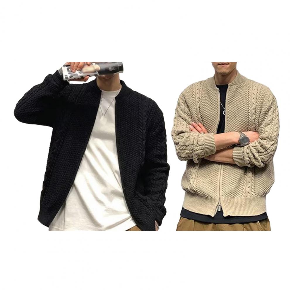 Fall Winter Men Sweater Cardigan Round Neck Knit Thick Elastic Long Sleeves Relaxed Fit Warm One Tone Zip-up Knitwear Daily Wear Sw
