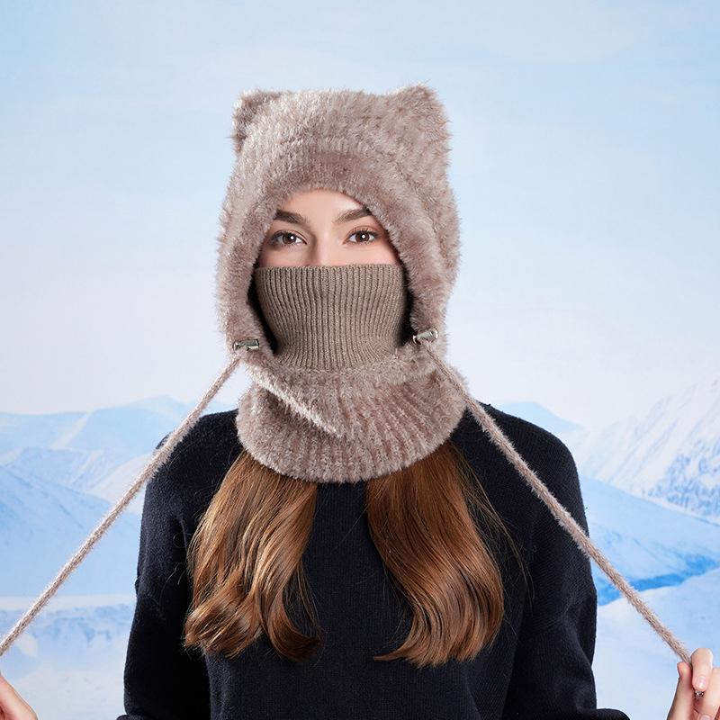 Winter  Scarf Mask Integrated Hat Women's Fleece Cold-proof Knitted Wool Hat Outdoor Warm Ear Protective Hat