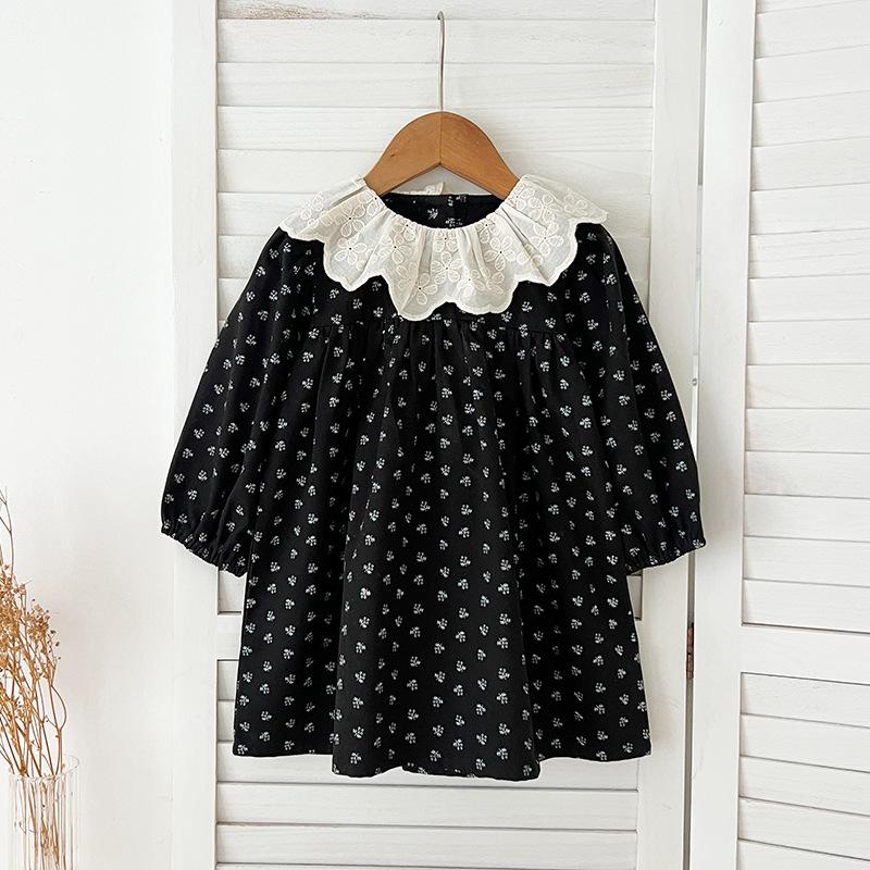 Girls' Dress Retro Style Floral Long Sleeved Dress Autumn New Item Children's Jacquard Lapel Pure Cotton Princess Dress