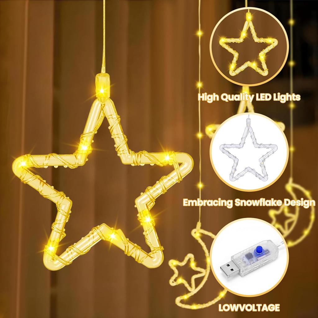 130 Led Ramadan Star Moon Curtain String Lights,8 Modes Ramadan Lights Decorations for Home,Hanging Moon Star Fairy String Lights,Ramadan Window
