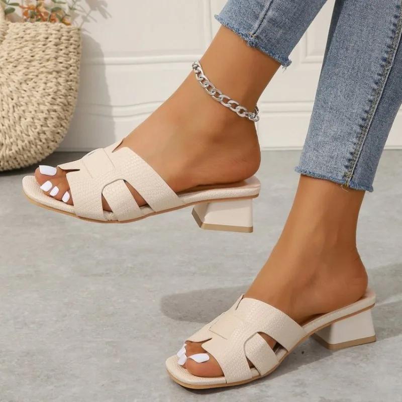 Women's Chunky Heeled Sandals, Fashion Square Open Toe Slip On Heels, Elegant Wedding White Sandals