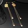 Fashion Fresh Versatile Design Lucky Grass Imitation Pearl Flower Long Tassel Earrings For Women