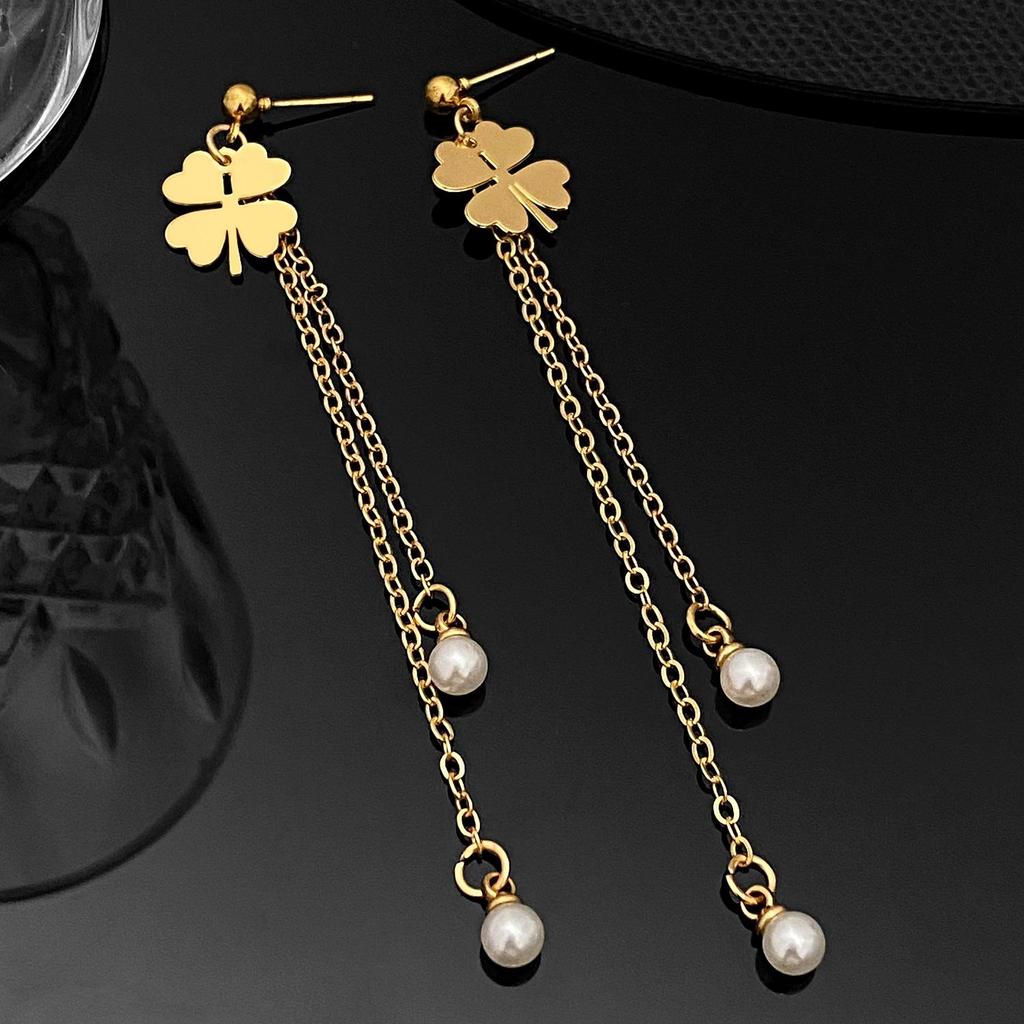 Fashion Fresh Versatile Design Lucky Grass Imitation Pearl Flower Long Tassel Earrings For Women