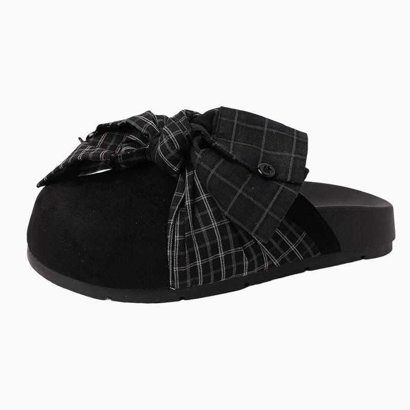 Retro design denim plaid bow baotou half slippers women's 2025 summer new sweet lazy sandals