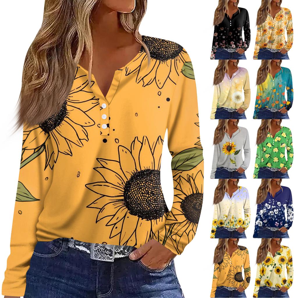 Dámská móda Ležérní květinový potisk Tričko s dlouhým rukávem, výstřihem do V, knoflíčkem, Top s dlouhým rukávem