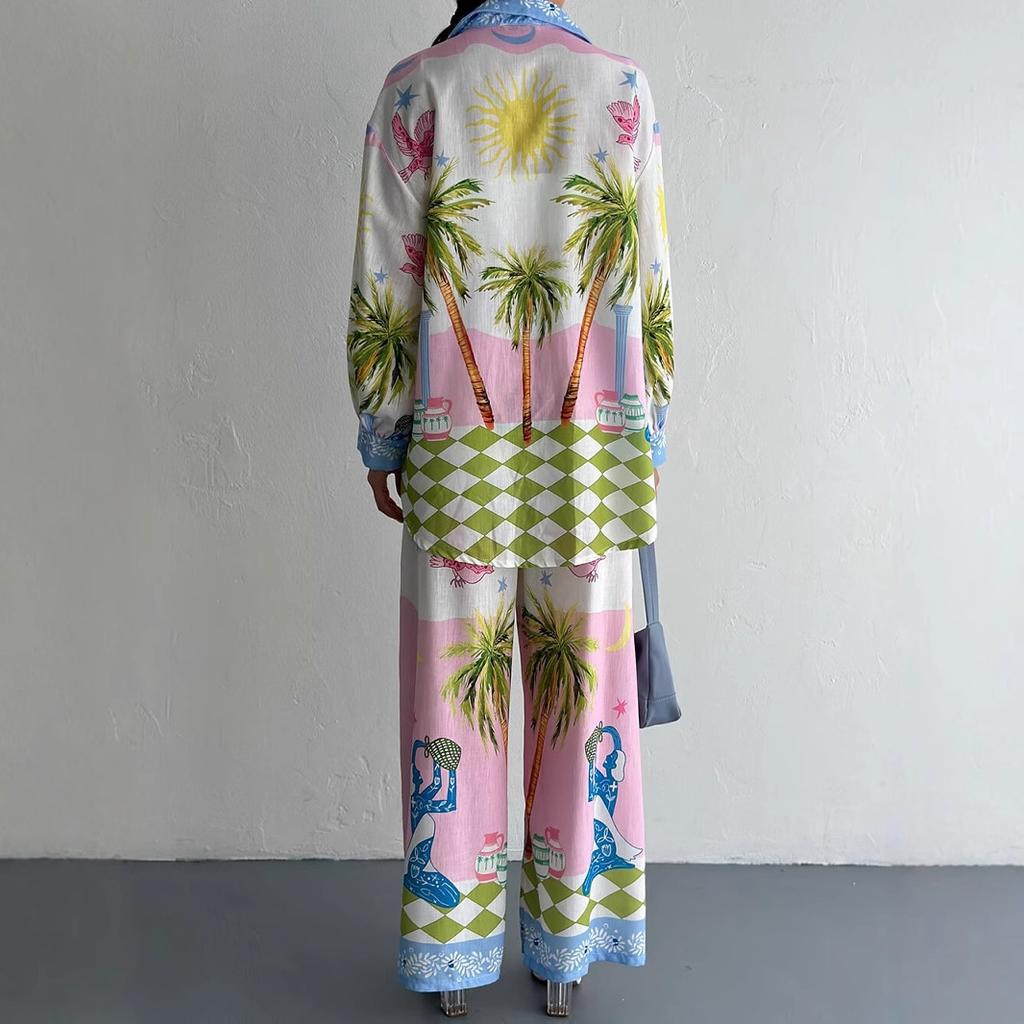 Europäisches und Amerikanisches Neues Mode-Personalisierte-Bedruckte Leinen-Langarmhemd und Hose Zweiteiliges Set