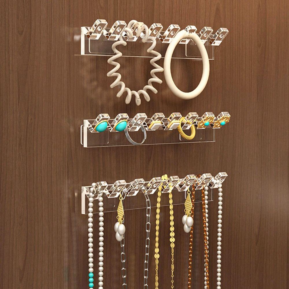 8 Hooks Jewelry Display Rack Plastic Transparent Jewelry Hanging Hooks Adhesive Paste Space Saving Organizer Box