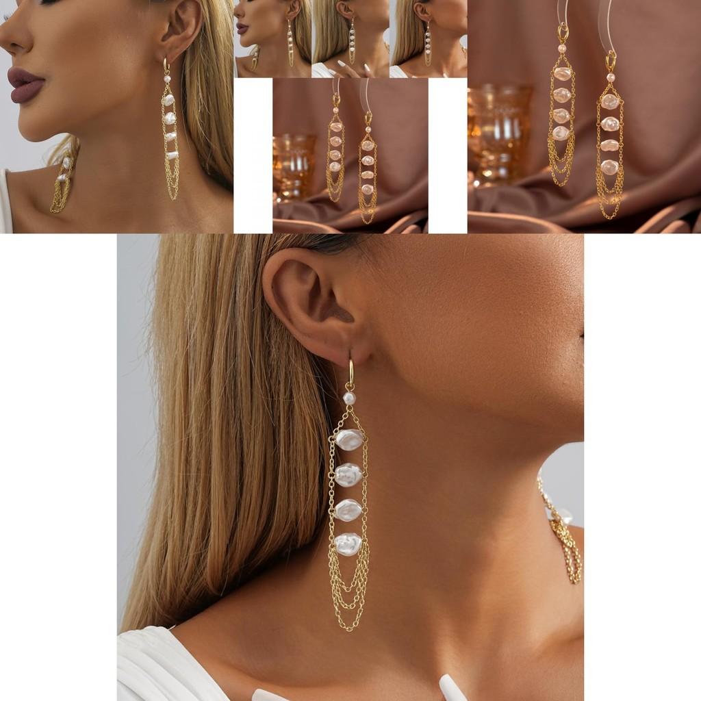 Sophisticated Faux Pearl Drop Earrings For Women Irregular Design With Chain Tassels