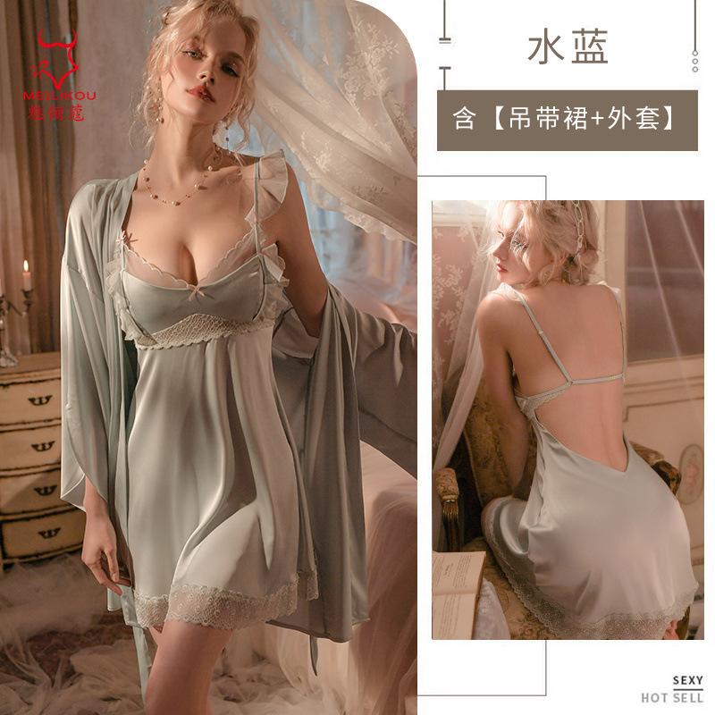 Sex pajamas suspender short nightdress simulation silk smooth dress thin lace nightgown homewear suit skirt