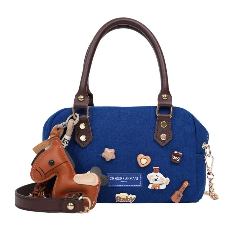 Armani Cosmetic bag/toiletry bag [Customized Bag] Canvas blue and brown horse, simple, niche and high-end, trendy, commuting blue brown horse