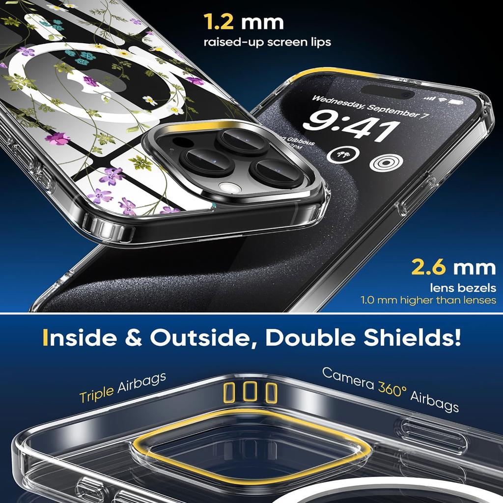 For iPhone 16 Pro Max Case Flower Series TPU+PC Phone Cover Compatible with MagSafe