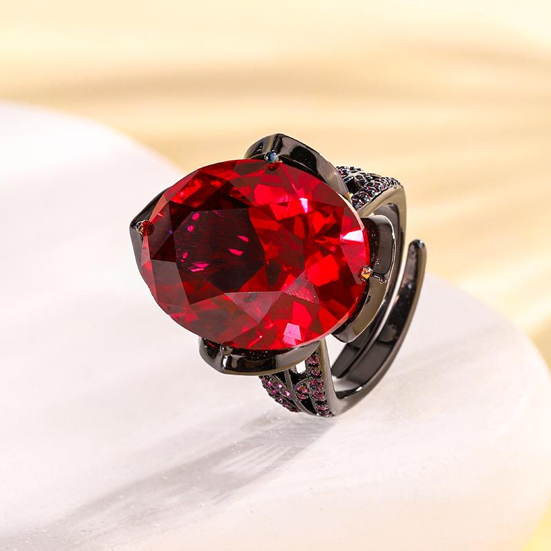 Jewelry Copper Bottom Gold-Plated Simulation Corundum Egg-Shaped Black Gold Light Luxury Ring Women 15 * 20
