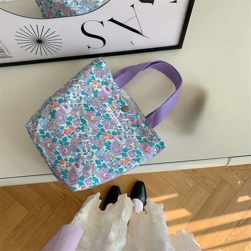 Korean Cloth Handbags Lunch Box Bag Women's Beauty Flower Canvas Bag Outside Shopping Toiletry Phone Oagnzier Storage Bags